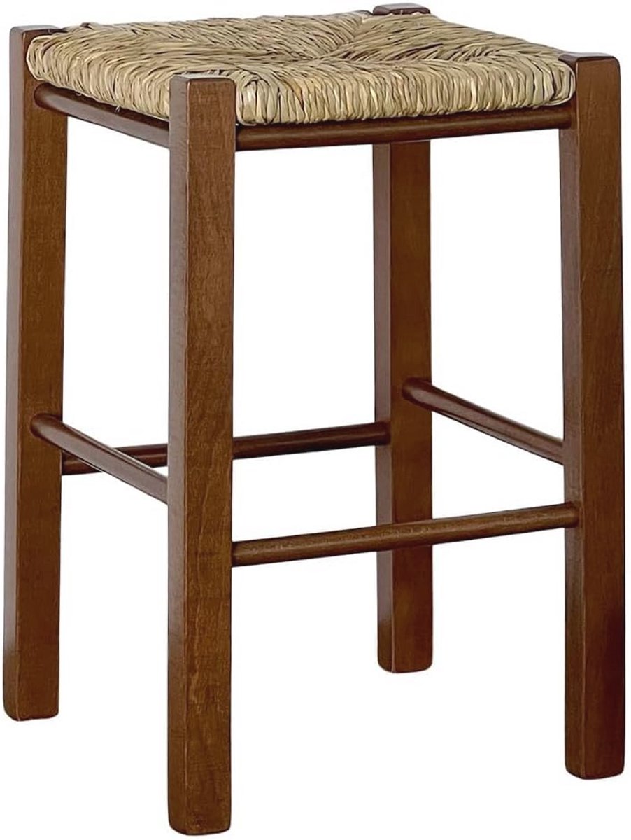 Houten Kruk met Stro Zitting, Hoogte 47 cm, Rechthoekige Poot