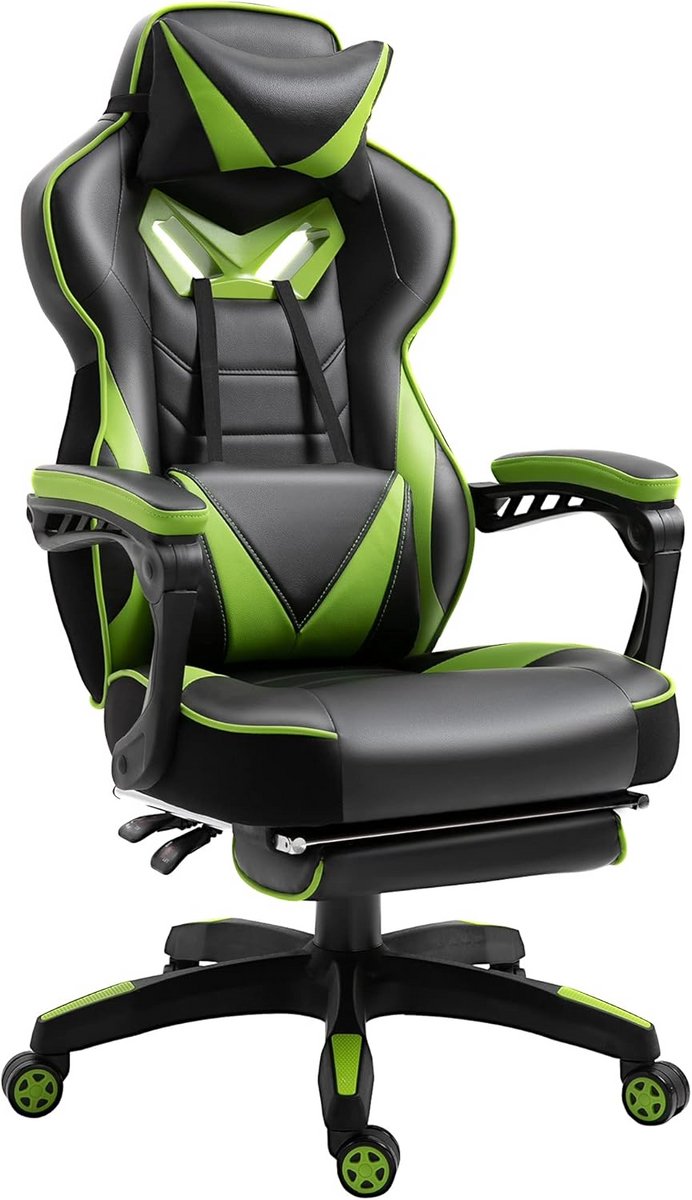 Ergonomische Gaming Stoel met Voetensteun en Kussens - In Hoogte Verstelbaar - Zwart Groen — afbeelding 2