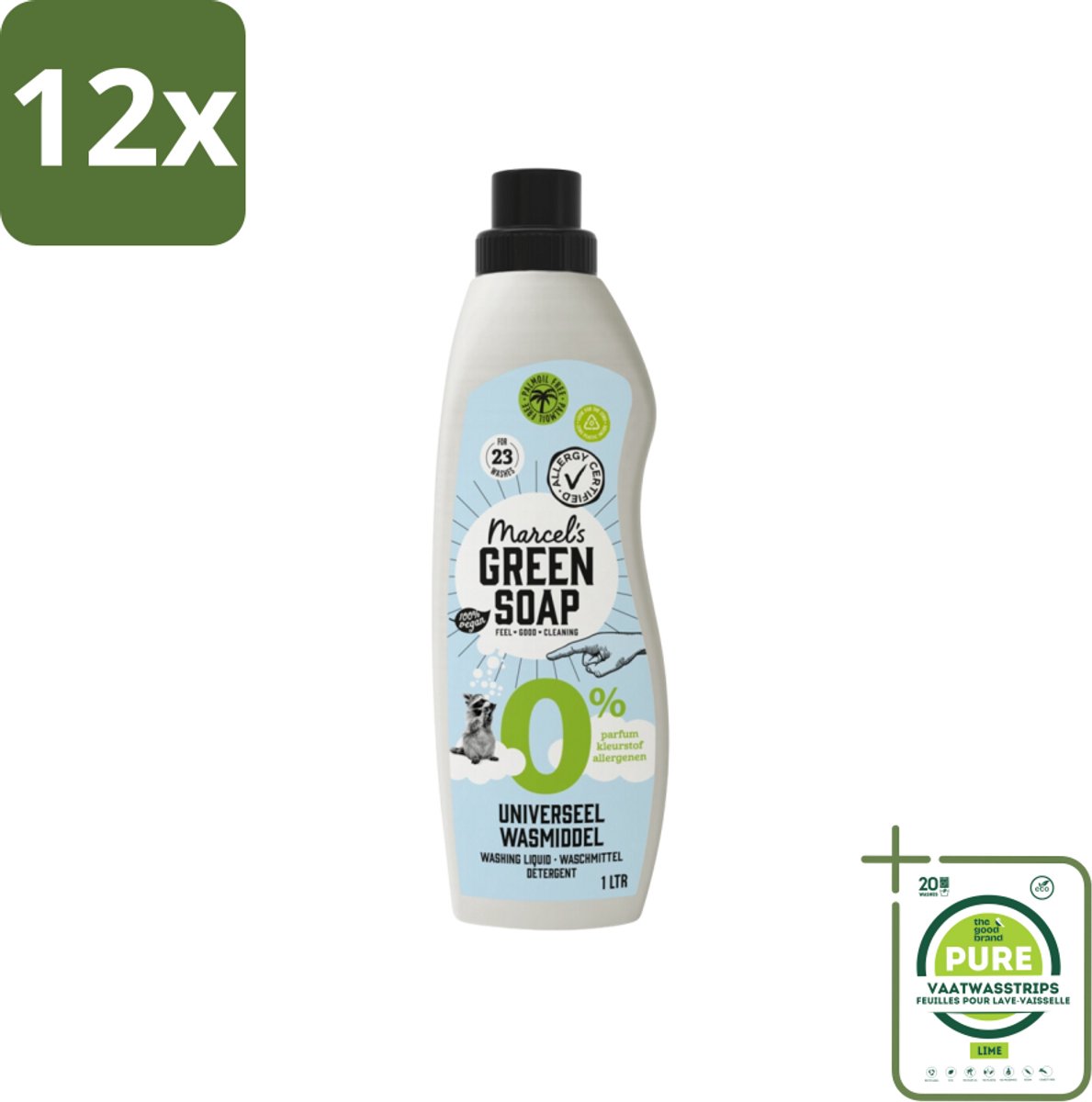 Marcel’s Green Soap – Wasmiddel – Universeel - 0% – Zonder parfum en kleurstof – 1 liter - Voordeelverpakking - 12 stuks - Wasmiddel 0% parfum - Gevoelige huid