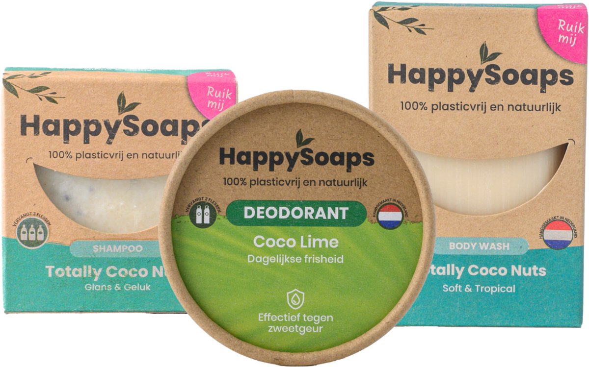 HappySoaps Coco Nuts – Complete Verzorgingsset – Shampoo Bar + Body Wash Bar + Natuurlijke Deodorant – Plasticvrij & Natuurlijk