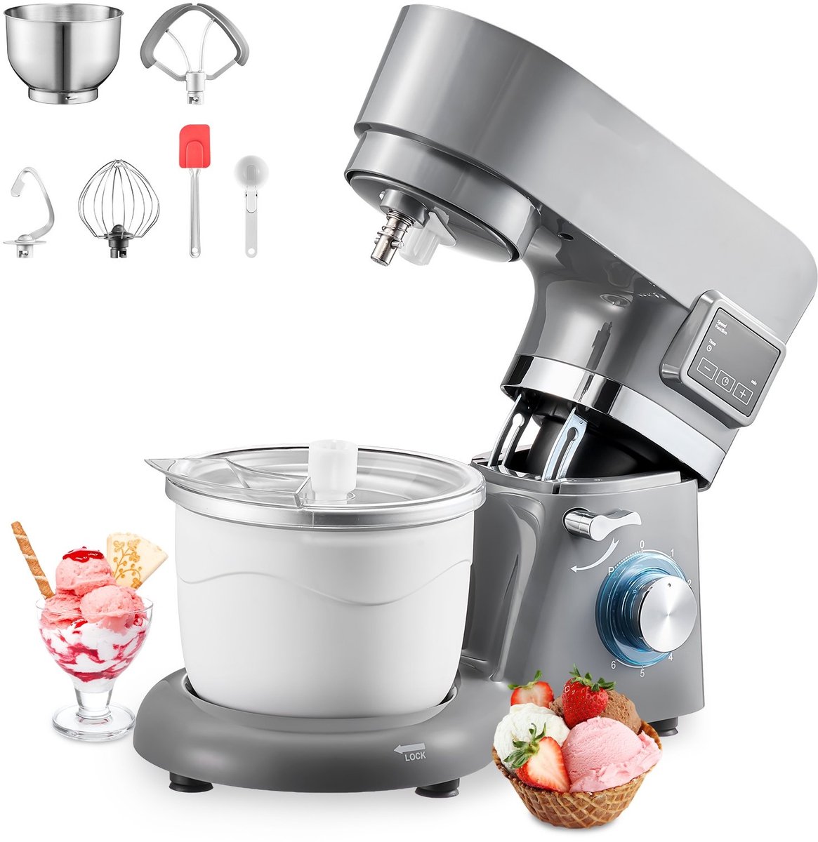 Keukenmixer - Staande Mixer - 6 Snelheden - LED-Display - Timer - Roerpeddel & Deeghaak - Spatbescherming - 1400W - Grijs