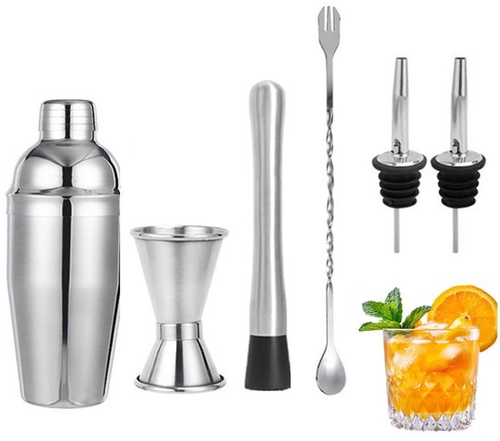 Foto: 6 delige cocktailset cocktailshaker voor de bar 750 ml rvs cocktailshaker ingebouwd filter cocktail shake beker roestvrijstalen shaker geschikt voor mixdranken margarita s en sterke drank zilverkleurig
