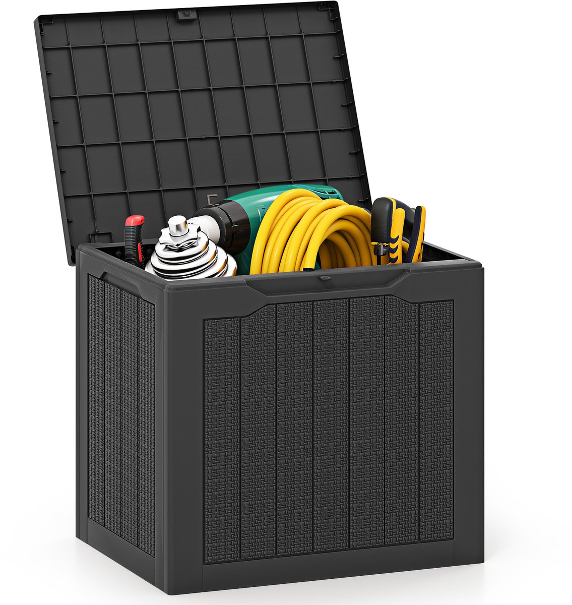 COSTWAY Tuinbox, 96 liter, opbergbox met afsluitbaar deksel en rotanlook, waterdichte opbergdoos, kussenbox voor zwembadaccessoires, tuingereedschap, pakketbezorging, tuinmeubelen (zwart)