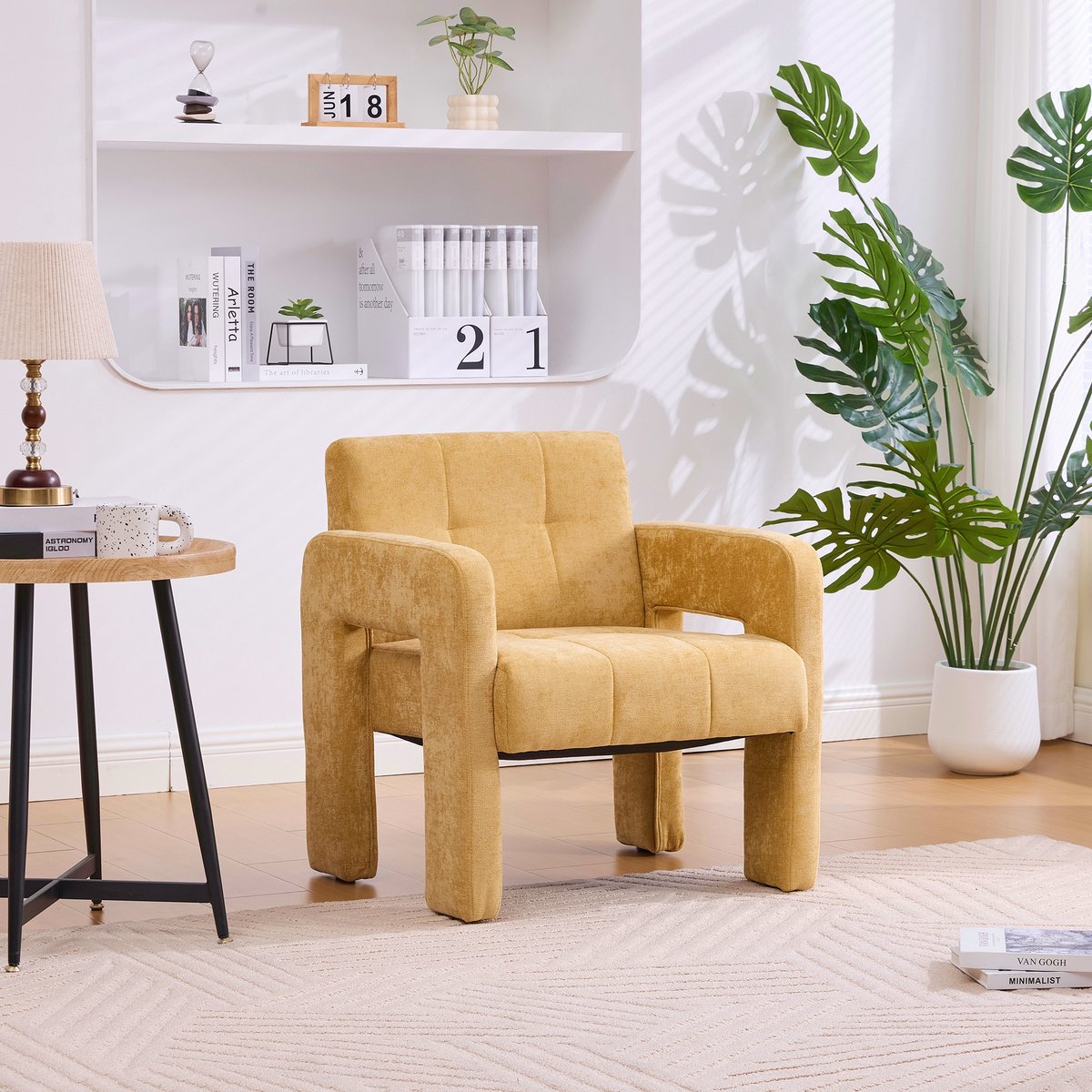 PHOEBE CAT Fauteuil - Chenille stof - Minimalistische stijl - Gestoffeerde stoel - Geel