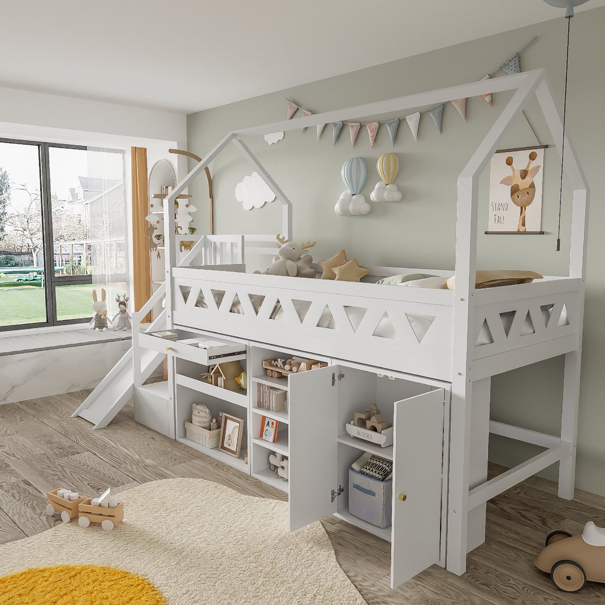 VVBV Hoogslaper 90x200cm - Met Glijbaan En Trappenkast - Kinderbed Met Schuiflades - Massief Hout + MDF - Wit (Zonder Matras) Wit+Houtkleur | Met Lade | Met Schoolbord