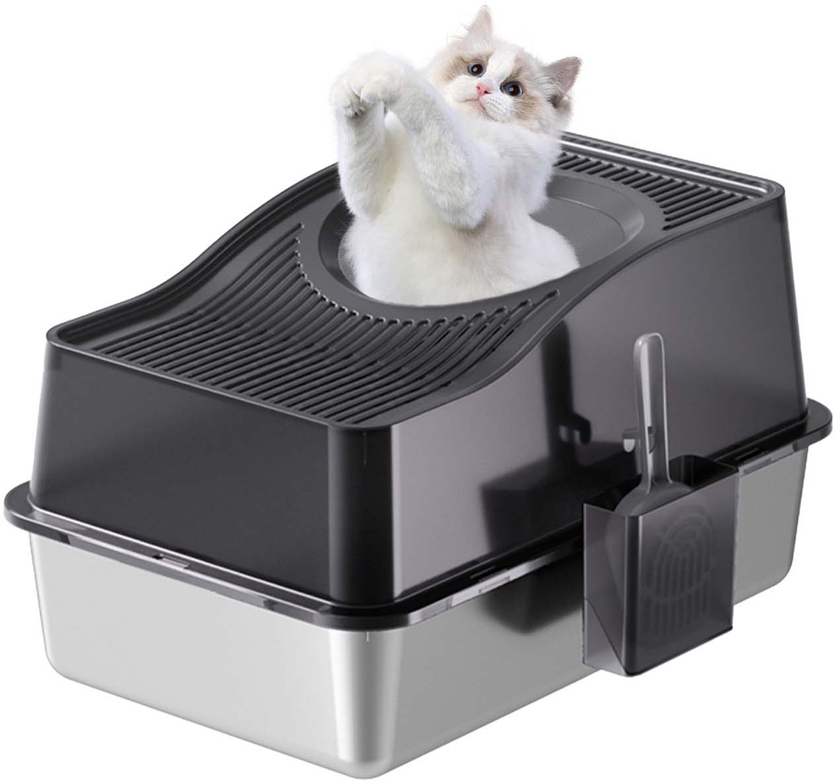 RVS kattenbak met deksel - 60x40x35cm - Gesloten roestvrijstalen kattenbak XL met hoge randen - schepje - geurcontrole - antislip pads - makkelijk te reinigen - Zwart van HOERFURIY