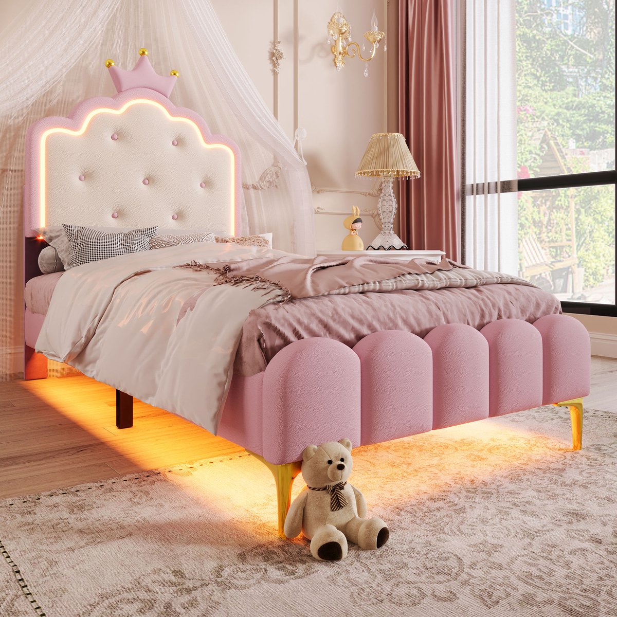 Wishdor Gestoffeerd Bed 90x200 cm – Kroonvormig Hoofdbord – LED-Omgevingsverlichting – Magisch & Elegant – PU – Roze