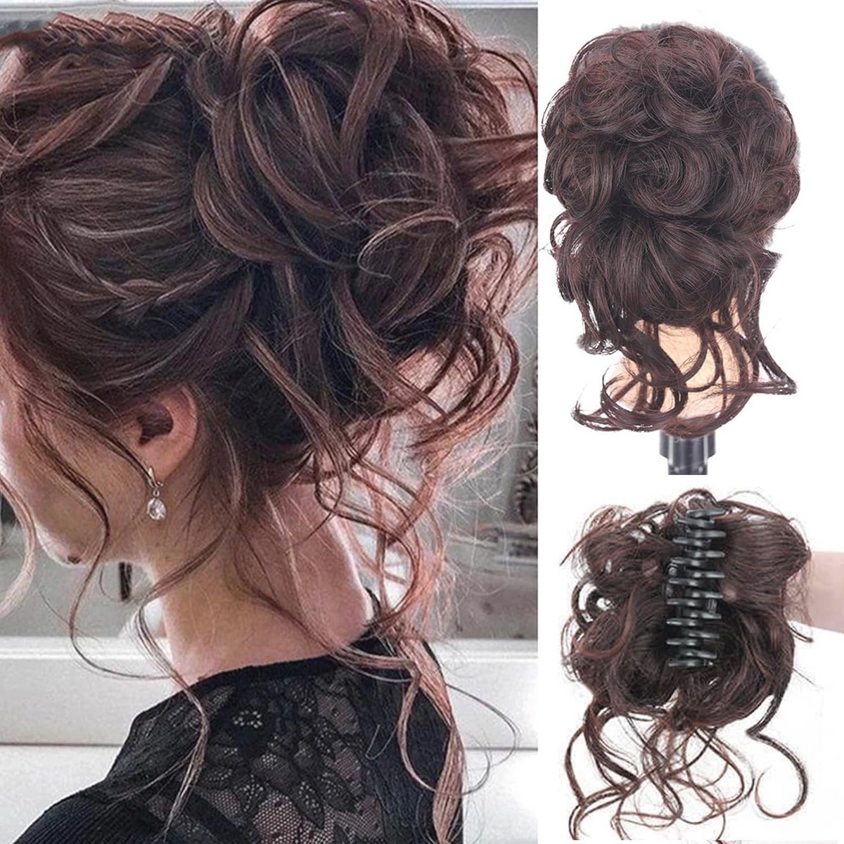 Verwarde haarknot met golvende haarextensions voor een natuurlijke look