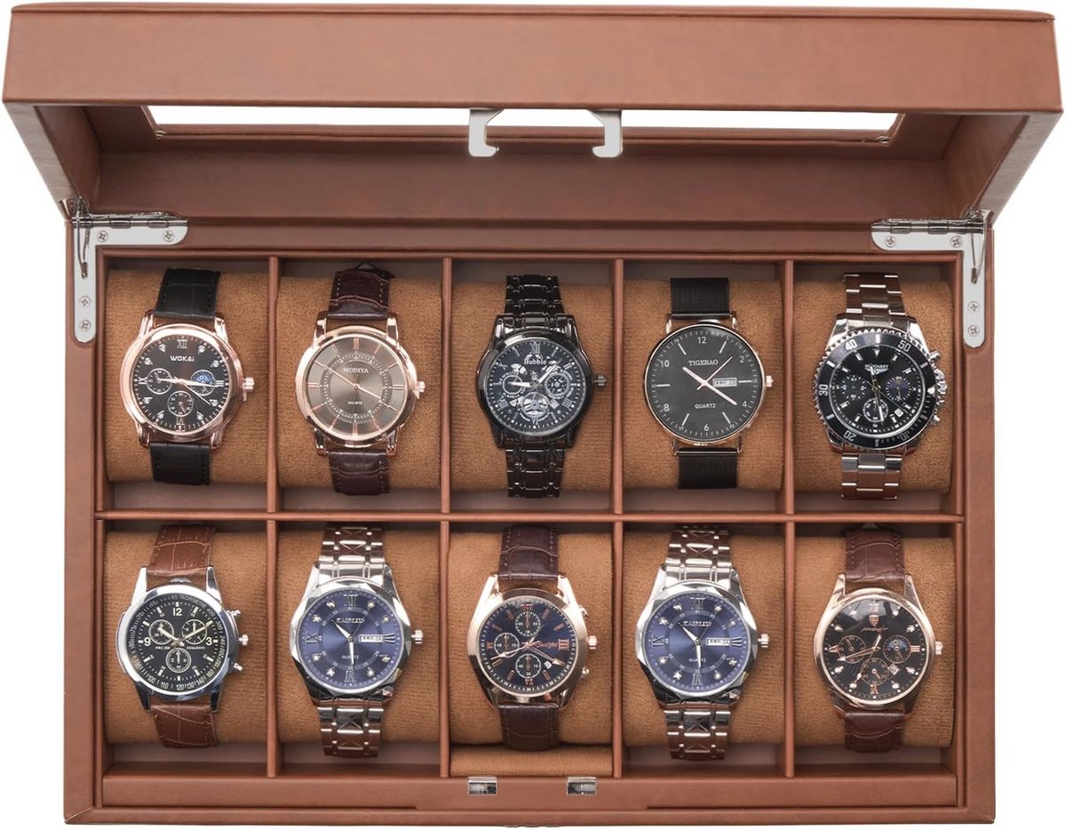 Houten Horloge Doos met 10 Vakken en Combinatieslot - Glazen Deksel