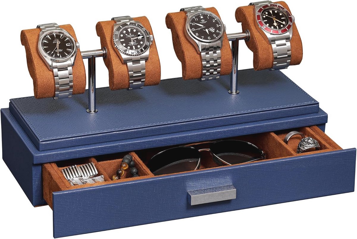 Luxe horlogevitrine voor 4 horloges met uitneembare kussens en accessoirelade