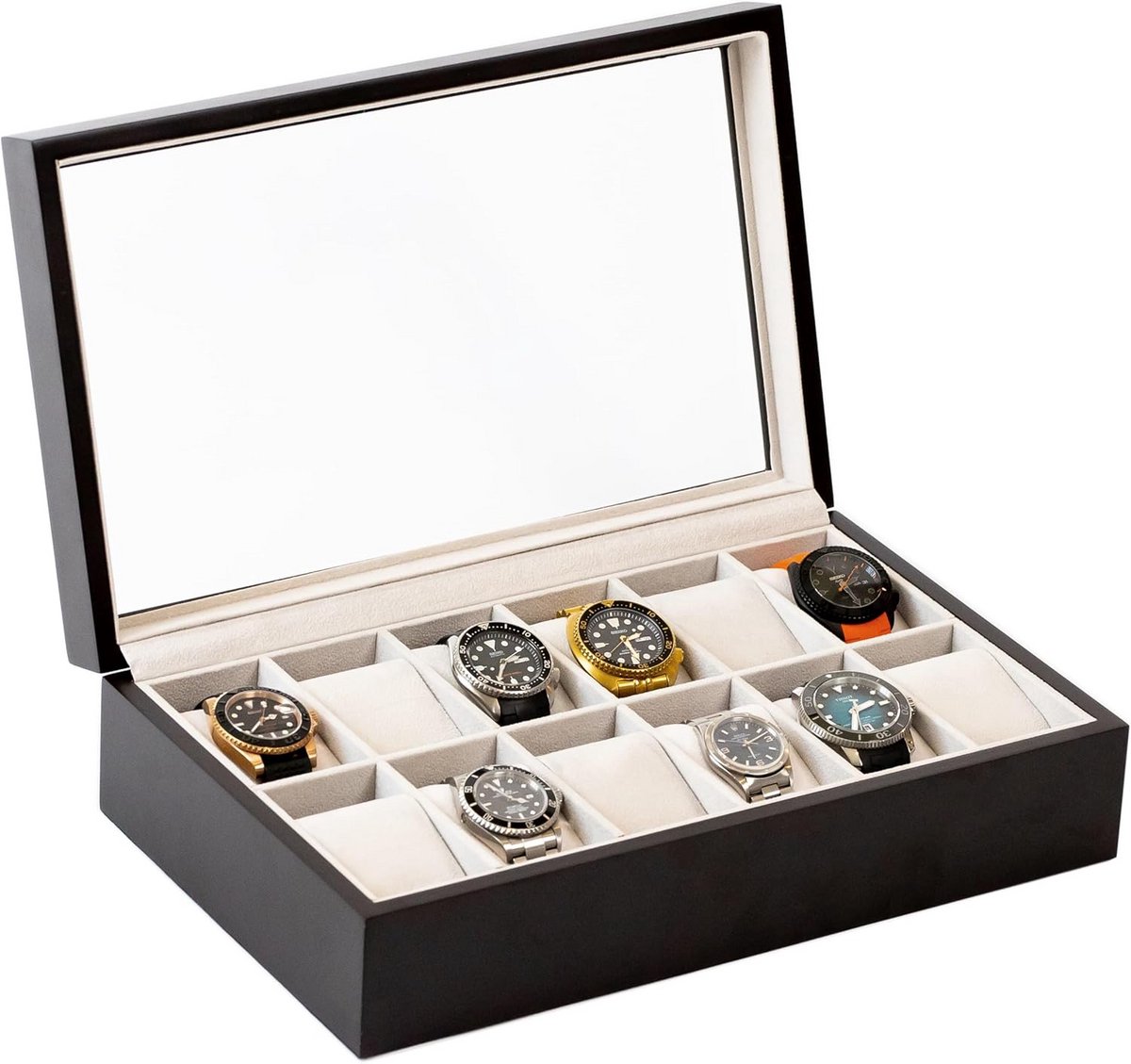 Houten Horlogedoos met Glazen Vitrine voor 12 Horloges - Espresso Kleur