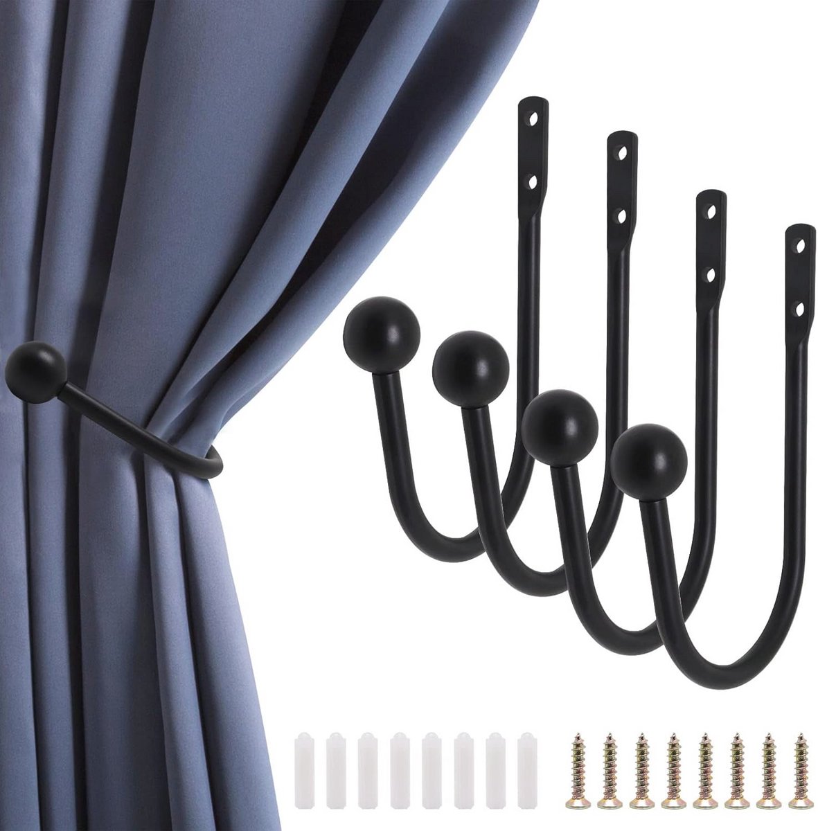 Zwarte Gordijnhouders - Gordijn Haken - Woondecoratie - Zware Wandmontage - Set van 4 - Zwart