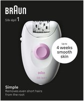 Braun Silk-épil 1 epilator, wit met roze knop. 'Simple. Removes even short hairs from the root.' 'Up to 4 weeks smooth skin.'