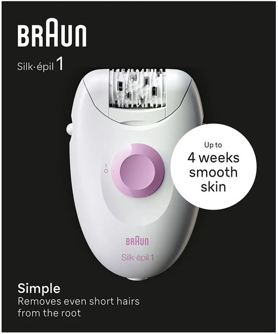 Braun Silk-épil 1 epilator, wit met roze knop. 'Simple. Removes even short hairs from the root.' 'Up to 4 weeks smooth skin.'