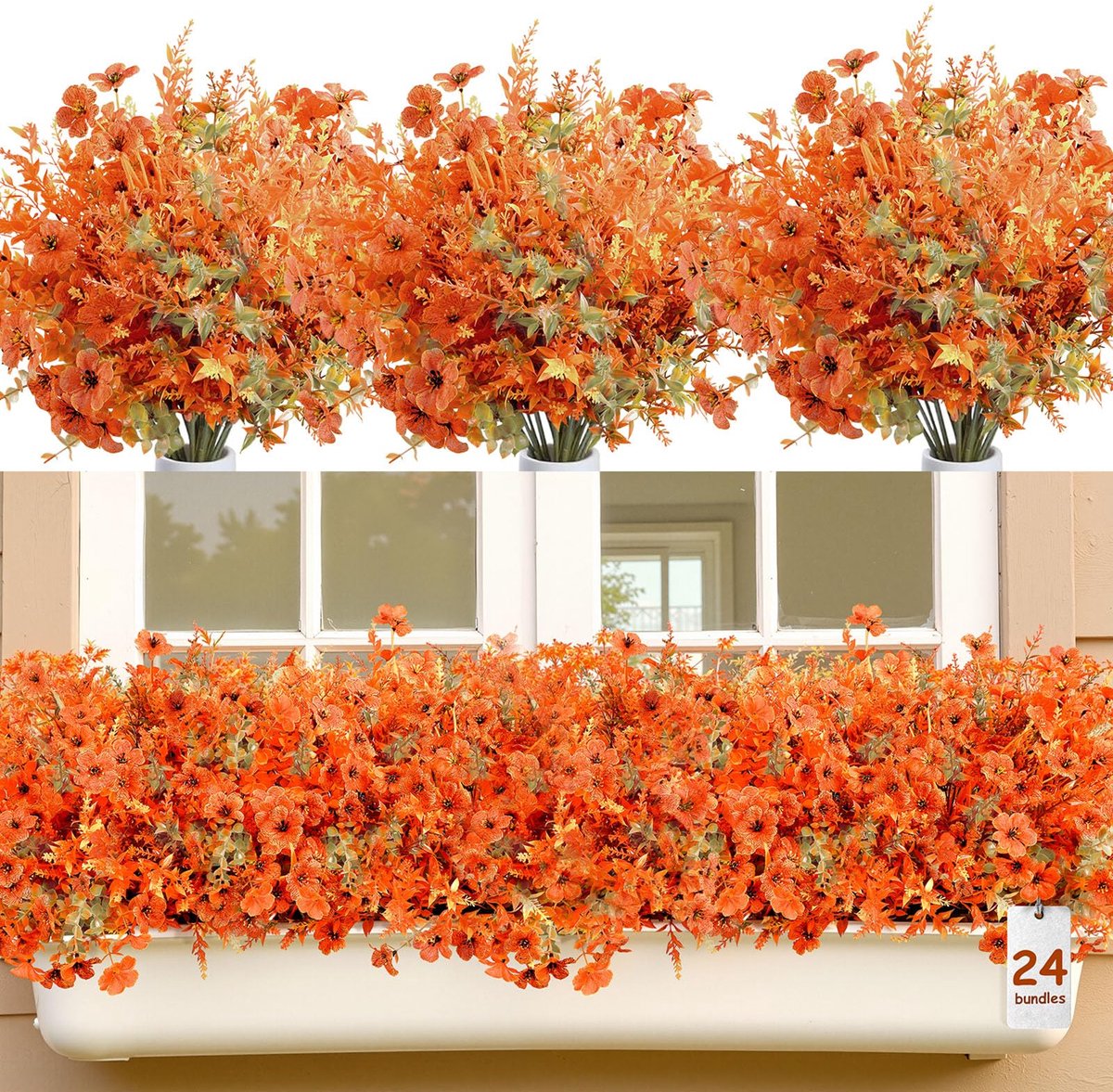 Unyqoos Set van 24 Bundels Realistische Kunstbloemen voor Herfstdecoratie Buiten Rood Oranje Herfst