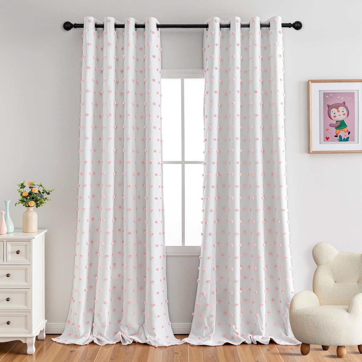 Unyqoos Roze verduisteringsgordijnen met pompons en thermische isolatie voor slaapkamer 245 x 140 cm