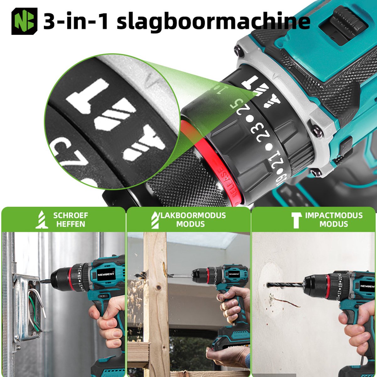 NewBeny Accuboormachine - 80Nm Accu Schroefboormachine - 21V Boormachine - met 2 Accu's en Handgereedschap - Borstelloze Accuboortol - 25+3 koppelniveaus - 2 snelheden - voor Thuis & Klussen – foto 8