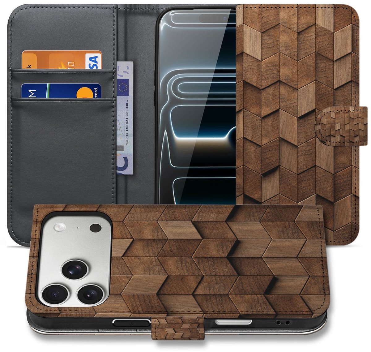 Book Case voor Book Case iPhone 17 Pro Max Bruin Houtprint Kubusprint