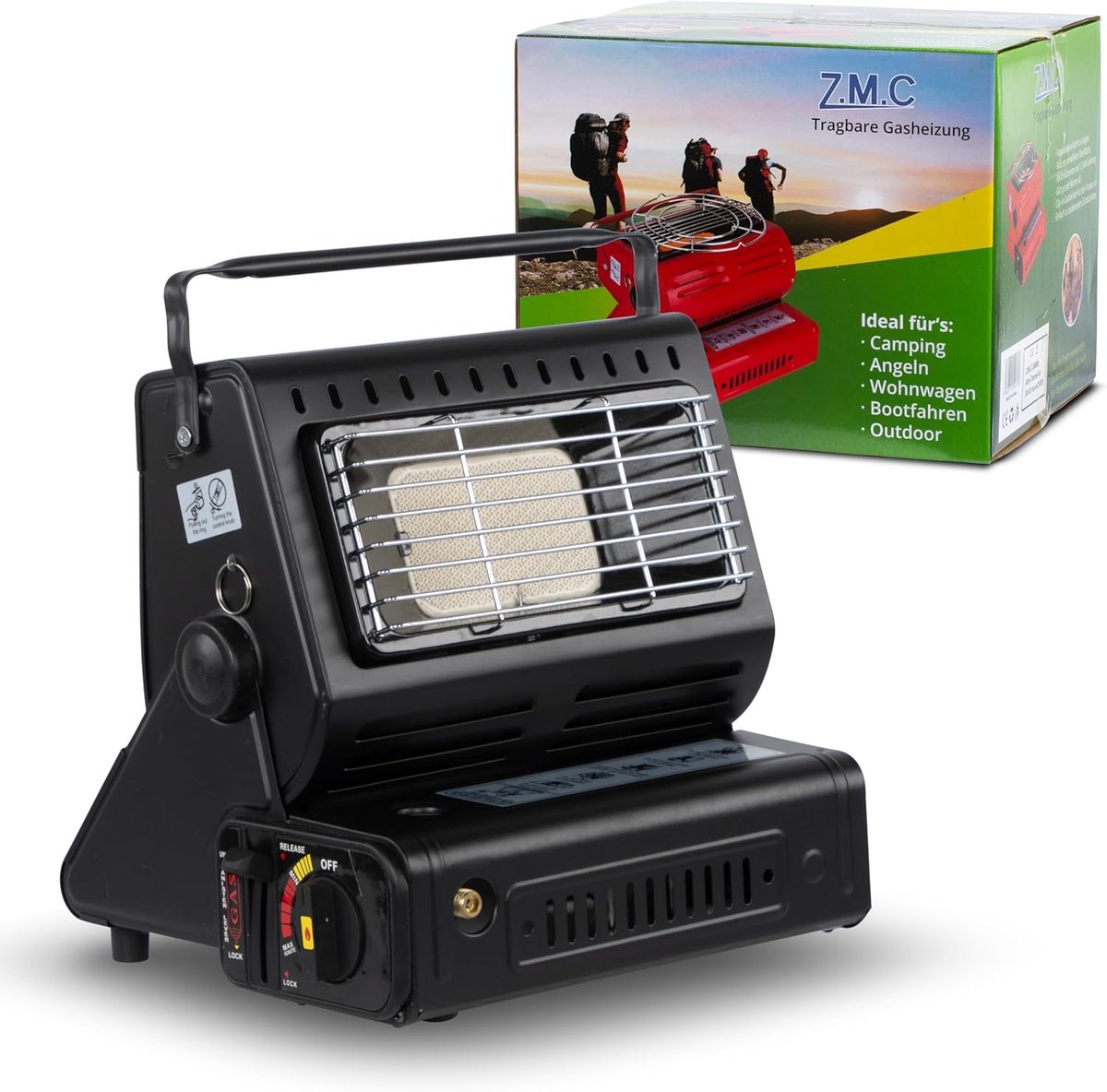 Z.M.C 2-in-1 draagbare gaskachel en gasfornuis, multifunctionele keramische kachel 1,7 kW voor kamperen, gaskachel voor buiten en terras, tuin & balkon, mobiele straalkachel met piëzo-ontsteking