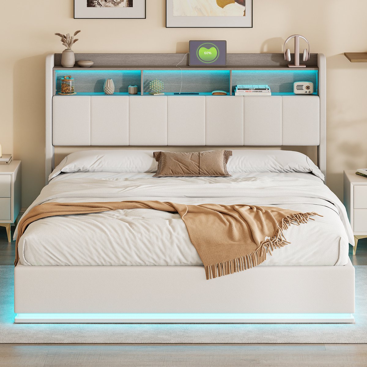 Tweepersoonsbed 160x200 cm – Polsterbed met RGB-LED en USB, Tête de Lit met Opbergruimte, Lattenbodem, Geschikt voor volwassenen en adolescenten, Velours Beige (Zonder Matras)