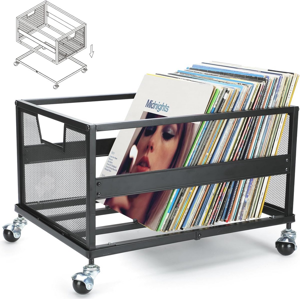Vinyl Record Storage Rack with Wheels - Stylish Metal Organizer for Up to 100 Albums