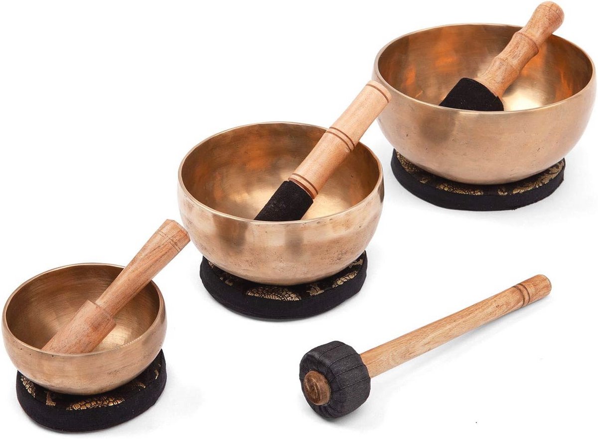 Tibetaanse klankschalen set 11 + 15 + 19 cm | handgemaakte klankschalenset incl. kussen & klepel | ideaal voor meditatie en ontspanning