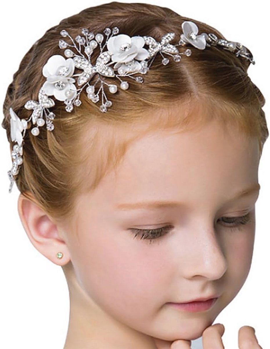 Diadeem met Witte Bloemen en Kristallen - Haaraccessoire voor Bruidsmeisjes en Kinderen