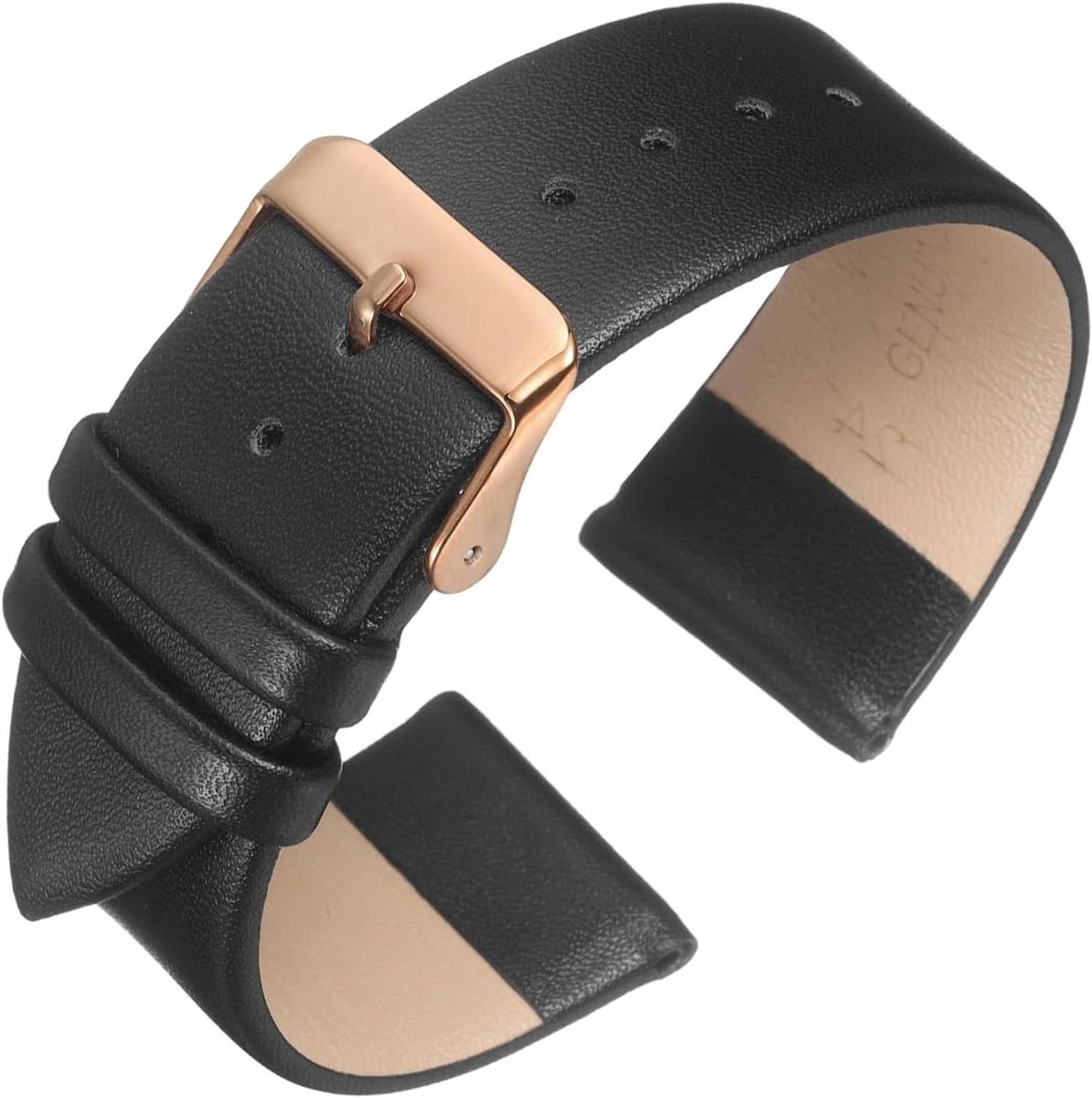 Allecta - Echt leren armband in zwart, plat en elegant, 24 mm breed, roségouden gesp. Unisex.