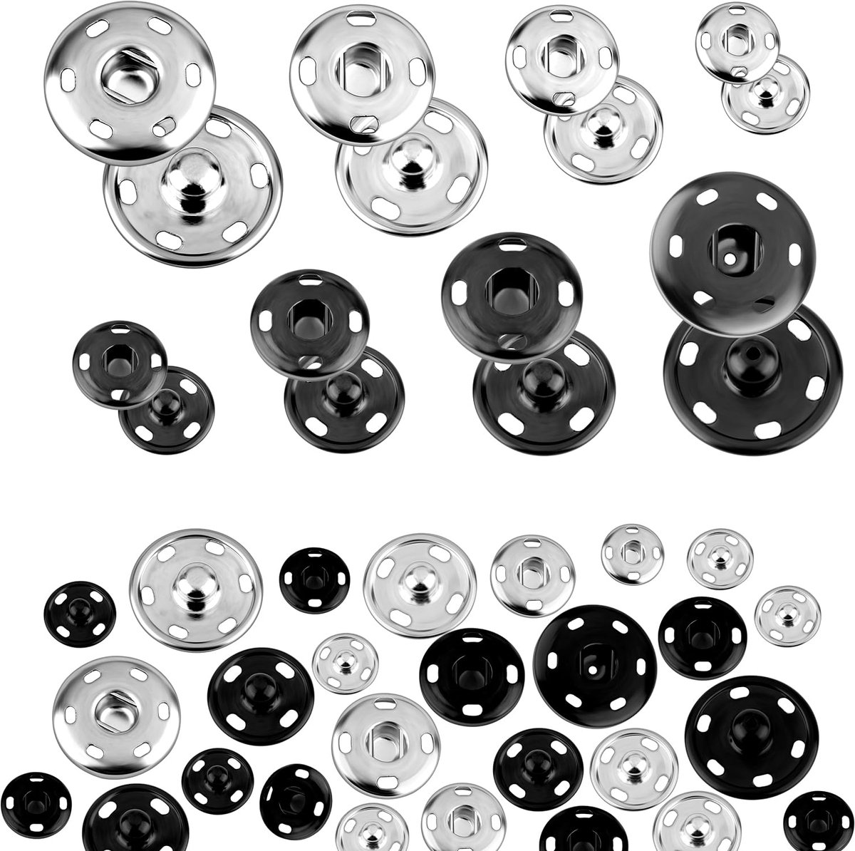 IMPERATORIS® Metalen Drukknoppen Set – Zwaar Uitgevoerde Drukknopen met Setterbasis en Holle Pons – Metalen Knopen voor Kleding, Leer, Jassen, Jeans en Handtassen – Niet Naaien – 8.5 mm 12 mm 15 mm 21 mm – set van 72 – zwart zilver