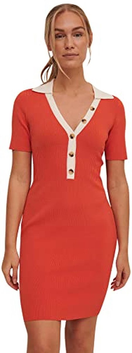 Gebreide V-hals Mini-jurk voor Dames met Korte Mouwen en Geribde Details