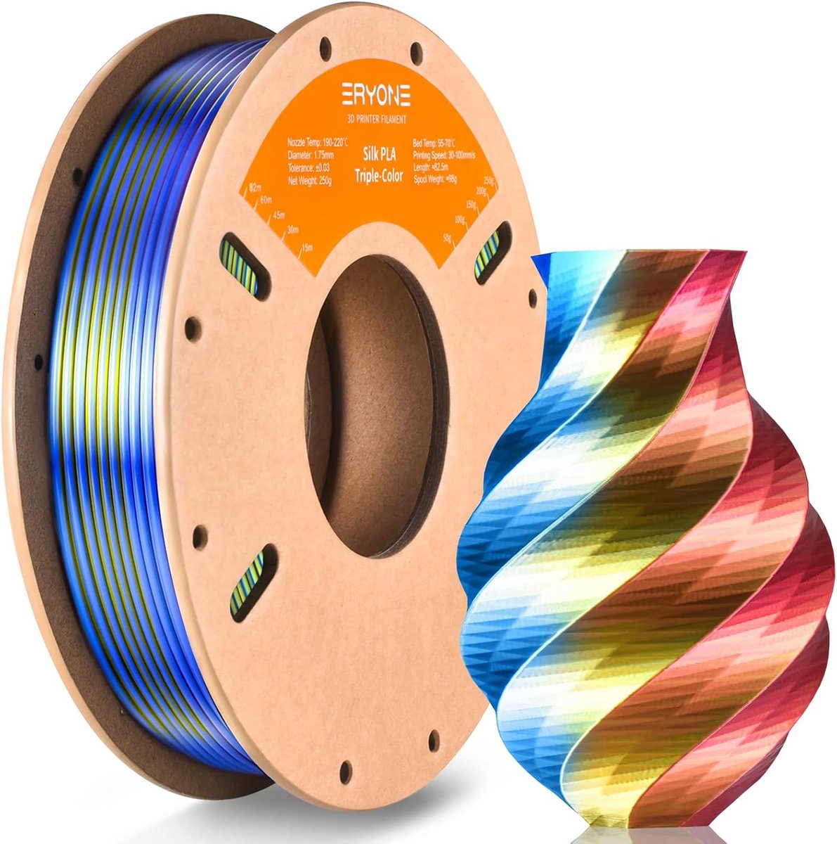Tricolor Zijde PLA 3D Printer Filament - 1.75mm, 250g