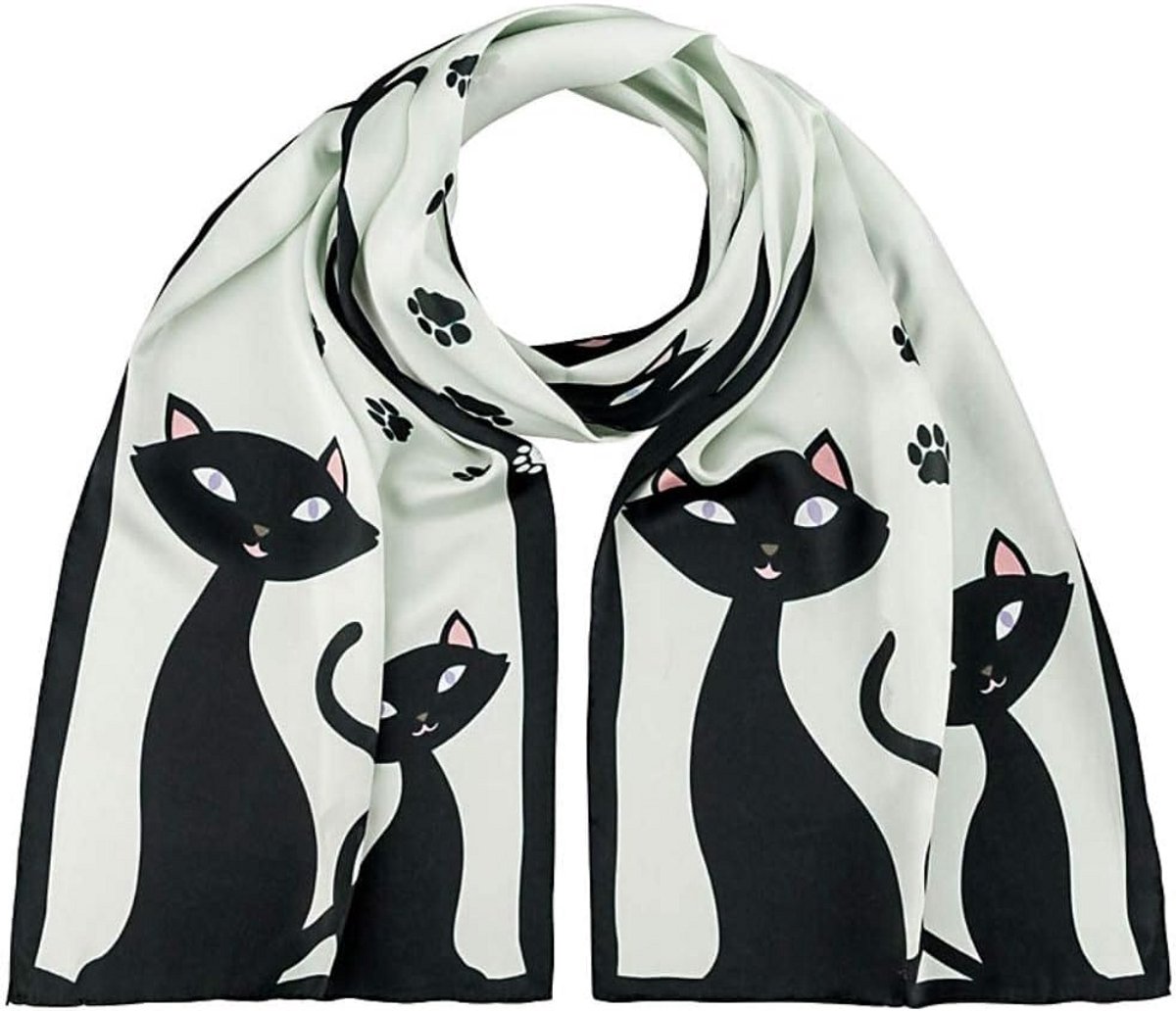 Sjaal met Zwarte Katten 100% Zijde Kunstmotief Handgerolde Randen 172 x 42 cm