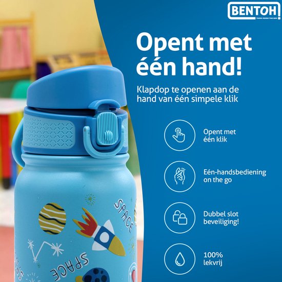 BentOH! RVS Waterfles 350ml voor Kinderen - Ruimte - Anti-overloop & Lekvrij – Met Eén Hand te Openen – BPA-vrij & Vaatwasserbestendig