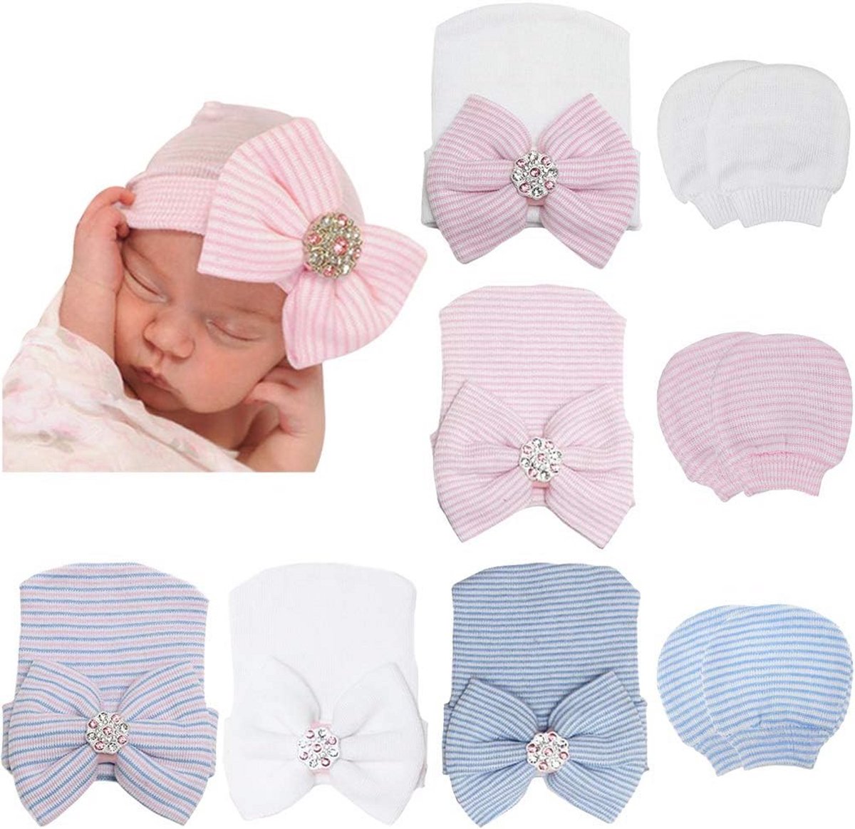 Geboorte Muts en Wanten Set voor Baby's 0-3 Maanden - 5 Mutsjes en 3 Paar Wanten