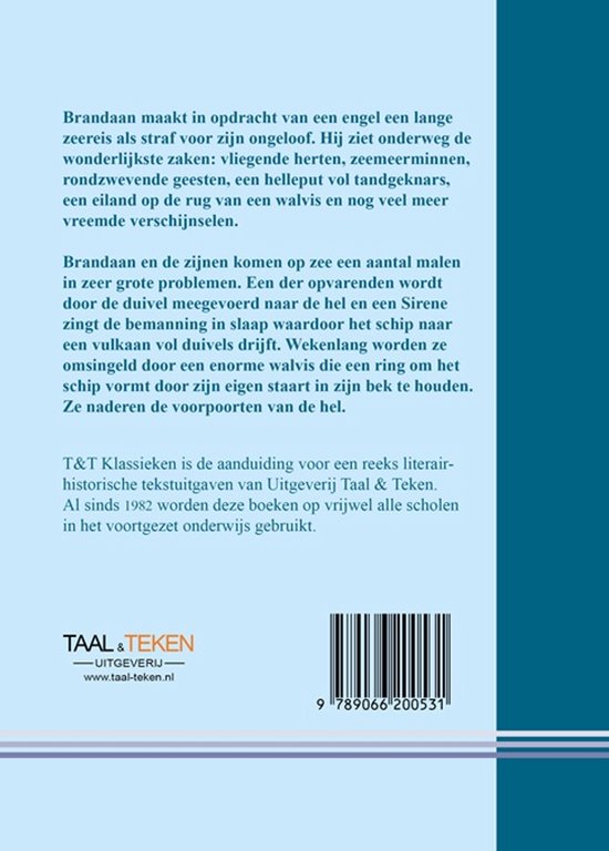 Achterpagina boek: Beschrijving van de reis van Sint Brandaan, informatie over T&T Klassieken, ISBN.