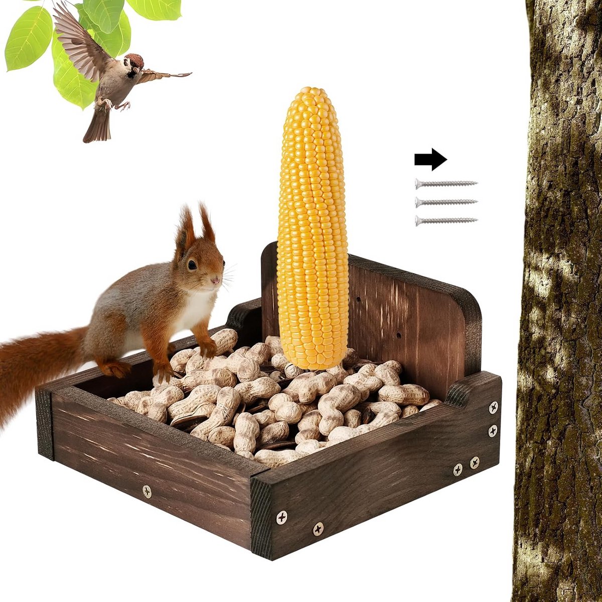 Duurzame Houten Voederhuisje voor Eekhoorns en Vogels - Ideaal voor Maïskolf en Pinda's