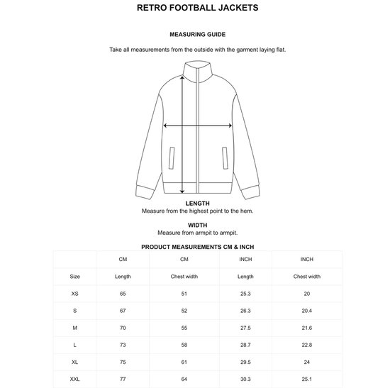 Afbeelding van een maattabel voor retro voetbaljacks, met lengte- en breedtemetingen.