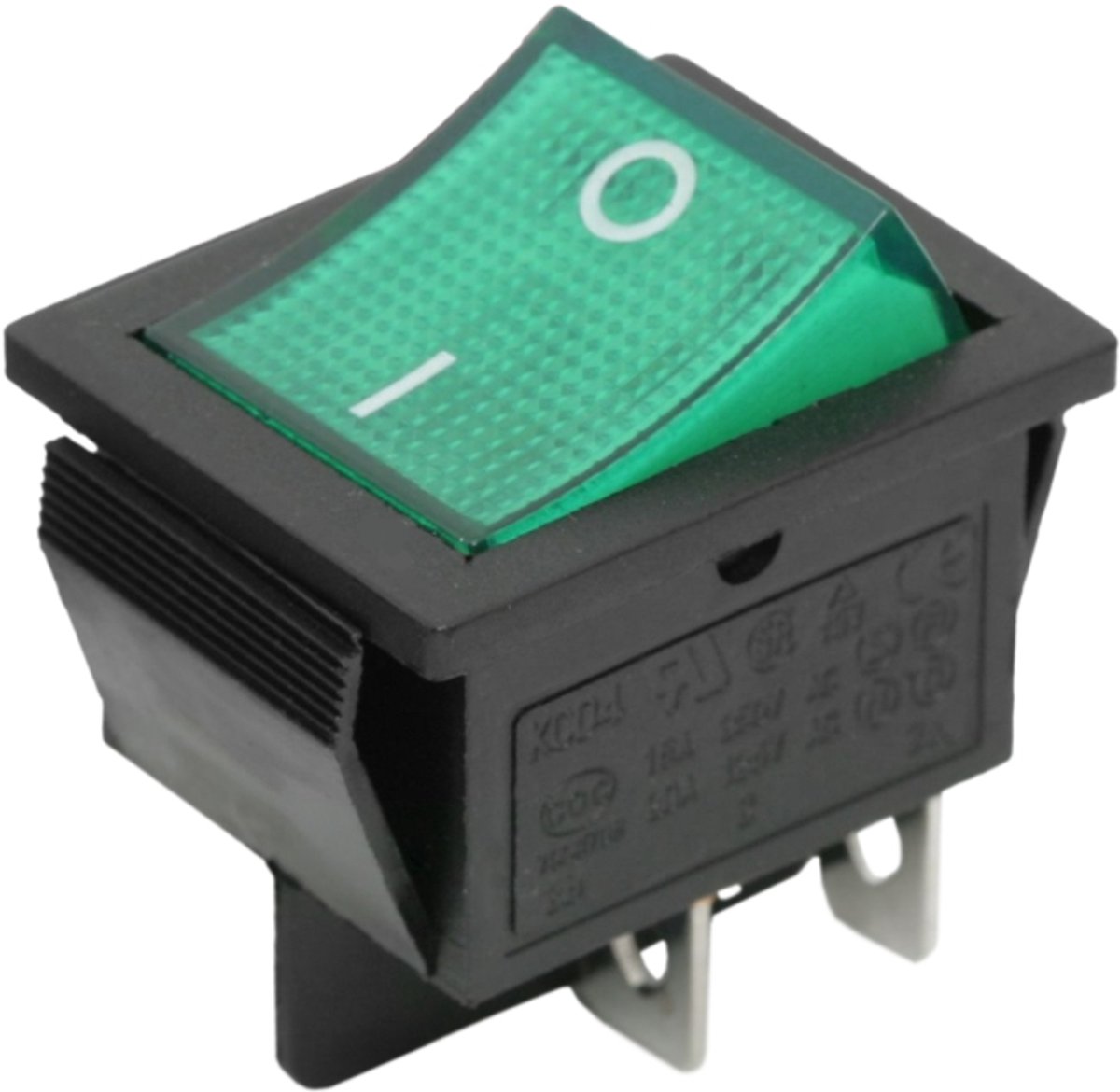 5x Rocker Schakelaar Zwart Met Groene LED – Verlichte Tuimelschakelaar DPST 250V 16A – Inbouw ON/OFF Schakelaar Met I/O Markering – Voor Elektrische Apparatuur En Technische Interfaces – Verkoopeenheid 5 Stuks [09029ZO]
