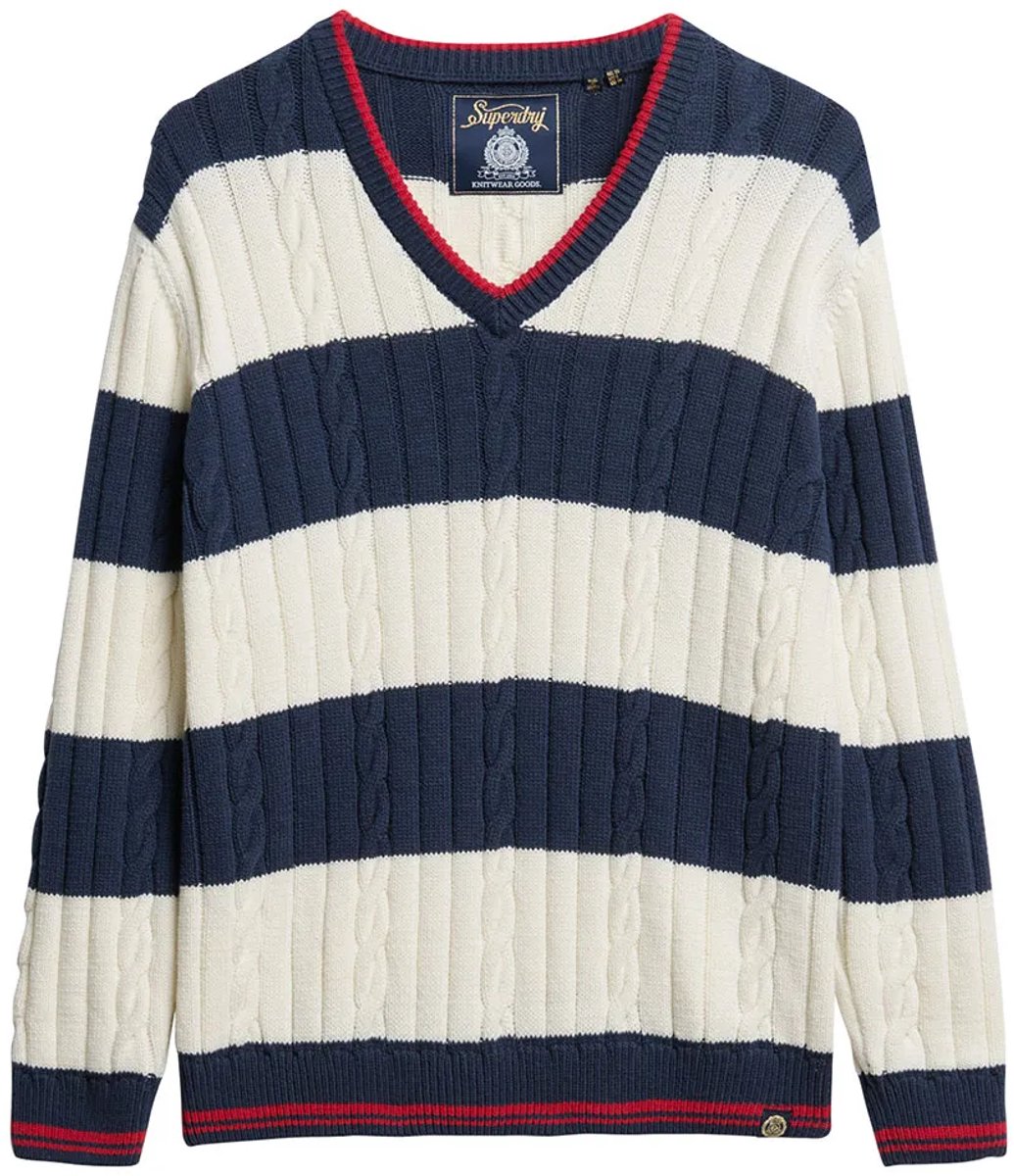 Superdry Oversized kabeltrui met V-hals en strepen Dames Sweaters Marineblauw