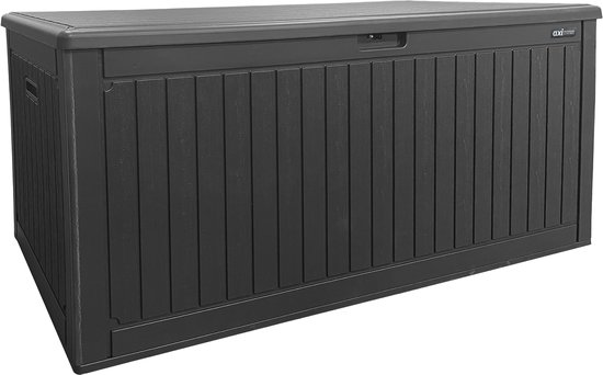 Zwarte kunststof tuinopbergbox met ribbelpatroon en gladde deksel, van de zijkant bekeken.