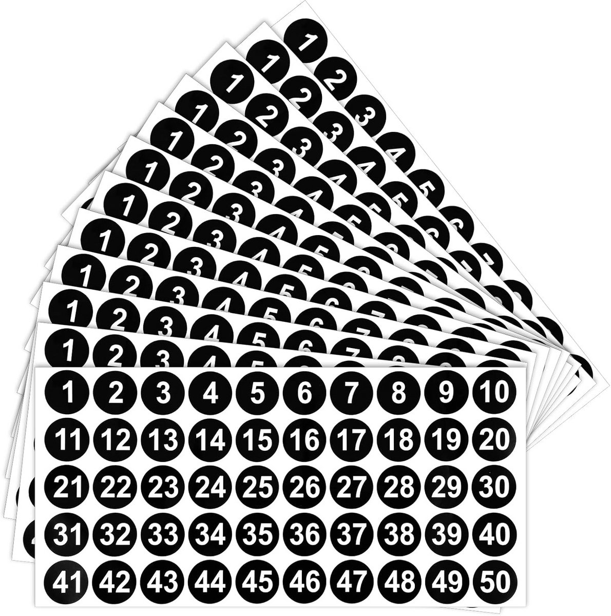 12 vellen nummerstickerstrips, zelfklevend, weerbestendig, 1-50, vinyl, continu genummerd