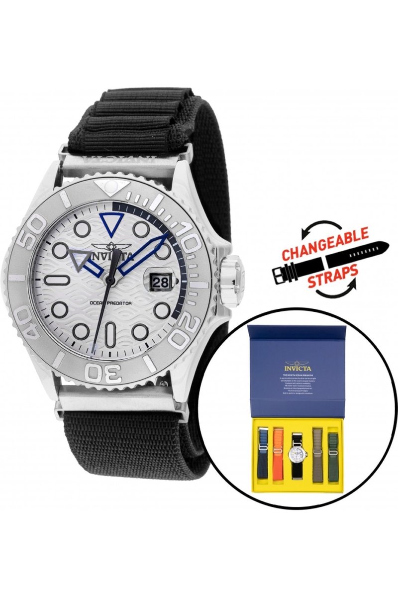 Invicta OCEAN PREDATOR 49798 Heren Horloge - Waterdicht - Analoog - Quartz Uurwerk - Roestvrij Staal met zilveren Wijzerplaat - 44mm - Met extra banden