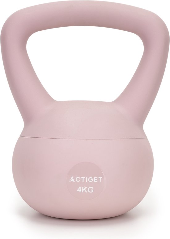 Close-up van de staalroze kettlebell van 4 kg, met de tekst 'ACTIGET 4KG'.