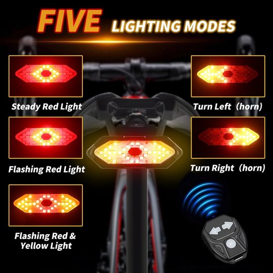 Fietsverlichting - Fietsachterlicht met Richtingaanwijzers - Draadloos & USB Oplaadbaar - Met Afstandsbediening - Waterdicht LED Achterlicht - Richtingaanwijzer - Fiets Knipperlicht - Fiets - Knipperlichten — afbeelding 3