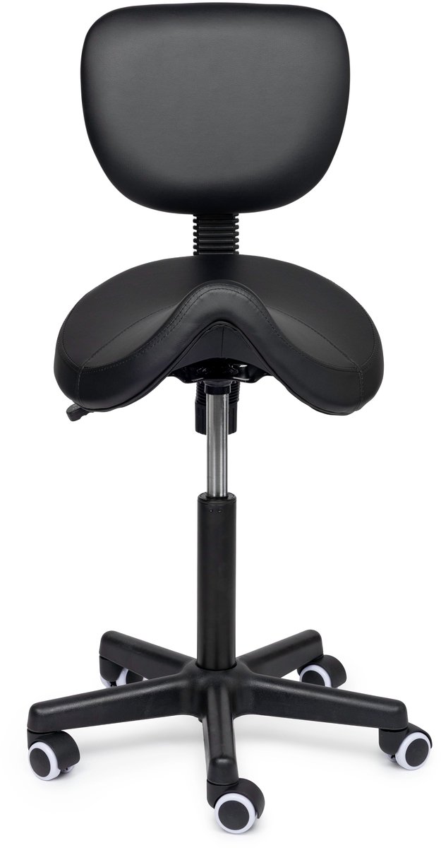 Premium Zadelkruk met Rugleuning / Kapperskruk Zwart – Ergonomische Zadelstoel met 4 cm Koudschuim Zitting, In Hoogte Verstelbaar - Laag (40-57cm) / Zonder voetsteun / Standaard wielen