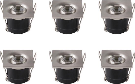 LED Veranda Spot Verlichting 6 Pack - Inbouw Vierkant 1W - Natuurlijk Wit 4200K - Mat Chroom Aluminium - 40mm