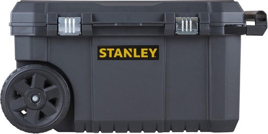 Grijze Stanley gereedschapskist met wielen, metalen sluitingen en handvat.