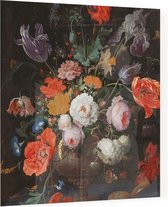 Stilleven met bloemen en een horloge, Abraham Mignon - Foto op Plexiglas - 80 x 80 cm
