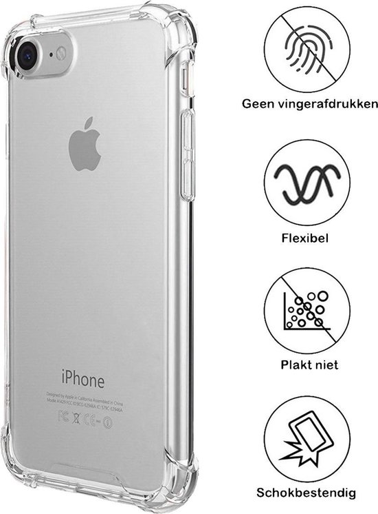 Transparante hoes voor iPhone SE 2020. Iconen tonen 'geen vingerafdrukken', 'flexibel', 'plakt niet', 'schokbestendig'.