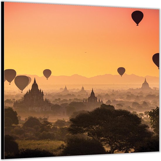 Dibond –Ballonvaart boven Tempels– 100x100 Foto op Aluminium (Met ophangl)